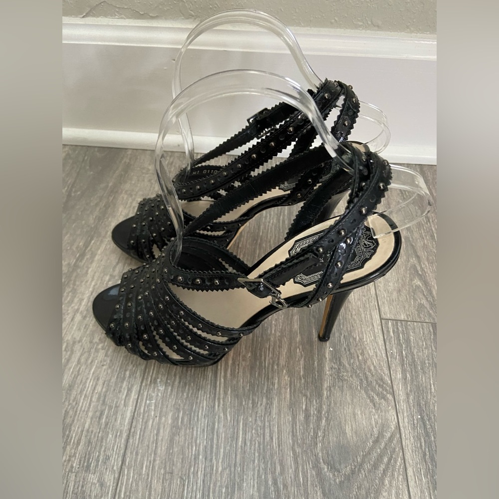 C. Dior Bonnie Black Leather Studded Open Toe Platform High Heels Size 38/ 7 - Picture 3 of 14